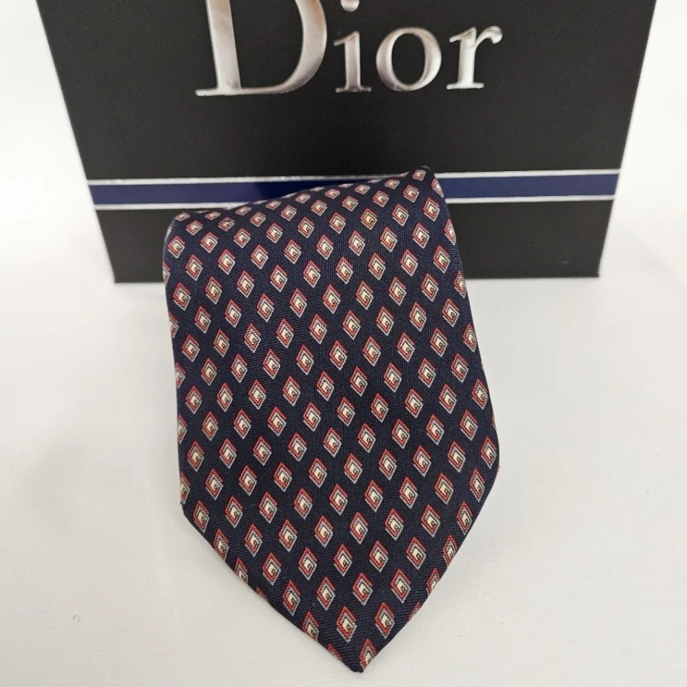 Christian Dior Silk Neckyie in Navy and Red Interlocking Diamond Pattern